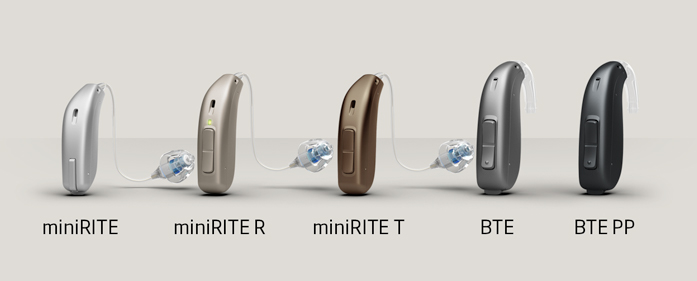 Showcasing the different styles of the Oticon Ruby, including: miniRITE, miniRITE R, miniRITE T, BTE, BTE PP 